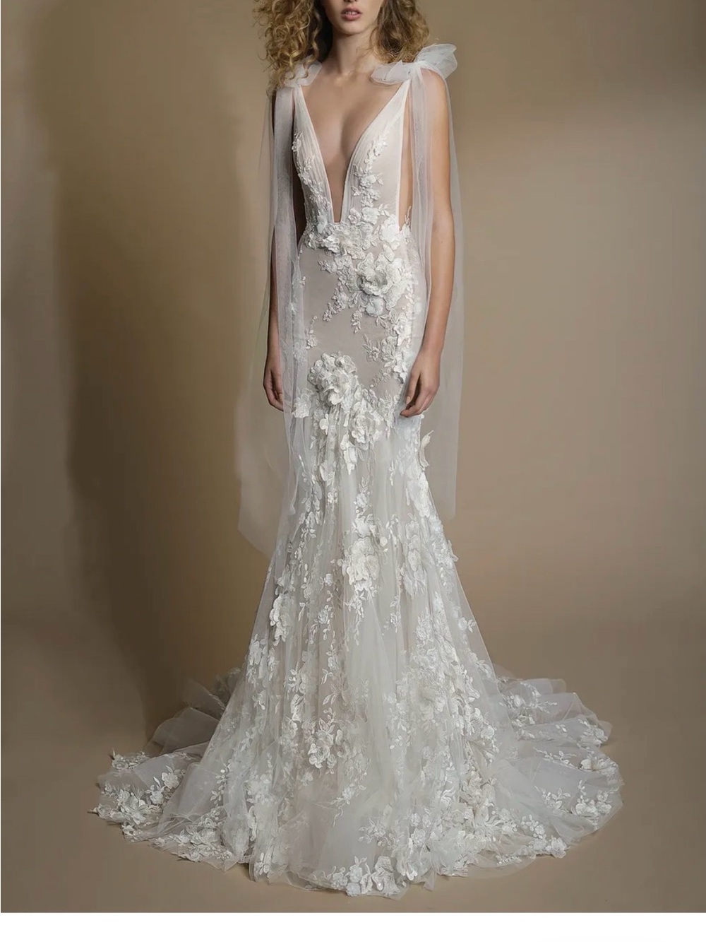 Ivory Plunge V-Neck 3D Floral Wedding Dress